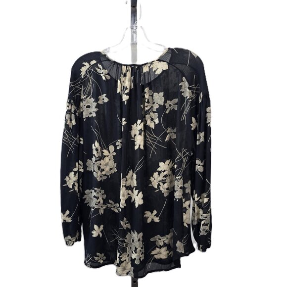 Chaps Tie Keyhole Neckline Sheer Floral Print Top Black Beige XL - Picture 2 of 5